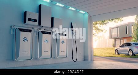 Das Konzept der lokalen Energiespeicherung für Zuhause mit Wasserstoff und einer Batterie in einer Garage in einer wunderschönen Nachmittagsatmosphäre vor dem Hintergrund eines elektrischen Stockfoto