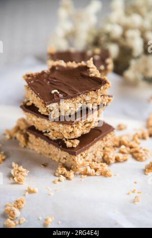 Energiereiche Hafermehlriegel oder -Quadrate aus Hafermehl, Erdnussbutter, Honig, Kokosöl, und Cashews, garniert mit Schokolade. Stockfoto