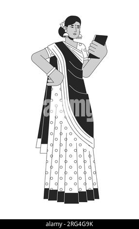 Indianerin in Sari, die Gadget flachlinige schwarze Vektorfigur benutzt Stock Vektor