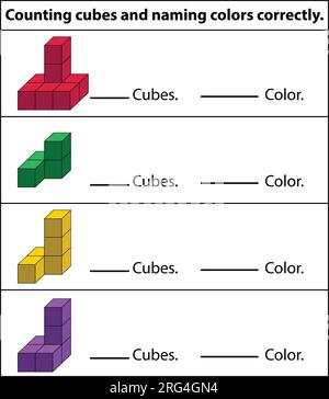Übung zum Zählen von Farbwürfeln. Bildungslogikspiel für Vorschulkinder. Übungsblatt für Kinder. Zählen Sie die Anzahl der Cubes. Stock Vektor