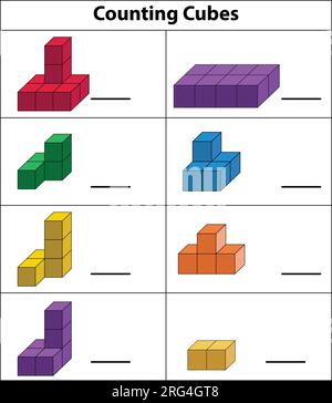 Übung zum Zählen von Farbwürfeln. Bildungslogikspiel für Vorschulkinder. Übungsblatt für Kinder. Zählen Sie die Anzahl der Cubes. Stock Vektor