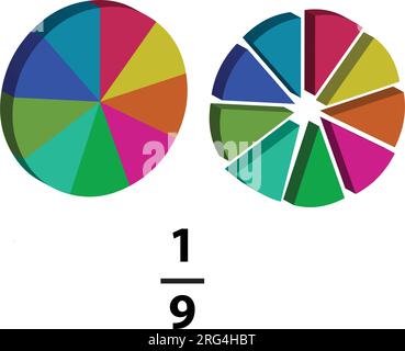 Ein Bruchkuchen ist in ein bis neun Abschnitte unterteilt, von denen jedes mathematische Bruchteile enthält, die in Mathematik erläutert werden. Dargestellt als 3D Infografik-Symbole auf einem weißen BA. Stock Vektor