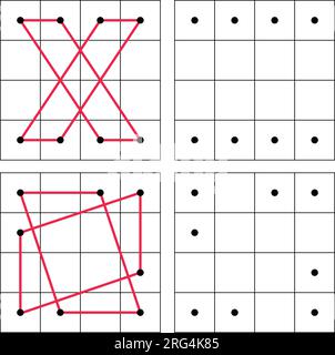 Übung zum Zeichnen von gepunkteten Linien im quadratischen Design. Zeichnen Sie die gleiche Linienzeichnung. Stock Vektor