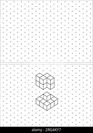 3D isometrische Würfel für jede Form mithilfe der gepunkteten Linien auf einem Punktraster. Die Strichzeichnung befindet sich auf einem mathematischen Blatt mit weißem Hintergrund. Stock Vektor