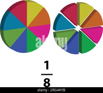 Ein Bruchkuchen wird in ein Achtel unterteilt, wobei jedes Stück mathematische Bruchteile enthält, die in Mathematik erläutert werden. Auf weißem Hintergrund. Stock Vektor