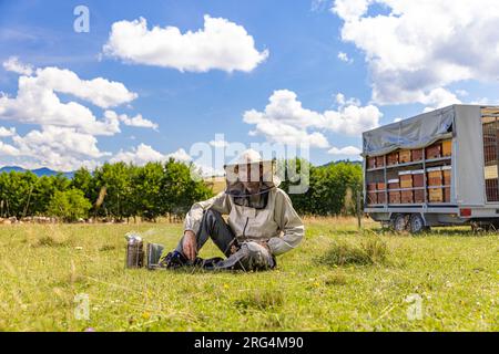 Porträt eines Imkers in Schutzuniform, der draußen auf dem Feld steht, Wohnwagen mit Bienenstöcken auf dem Hintergrund Stockfoto