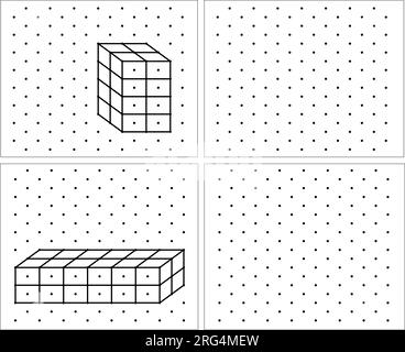 3D isometrische Würfel für jede Form mithilfe der gepunkteten Linien auf einem Punktraster. Die Strichzeichnung befindet sich auf einem mathematischen Blatt mit weißem Hintergrund. Stock Vektor