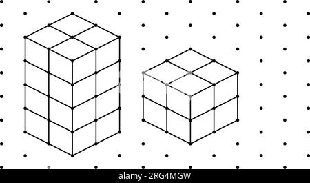 3D isometrische Würfel für jede Form mithilfe der gepunkteten Linien auf einem Punktraster. Die Strichzeichnung befindet sich auf einem mathematischen Blatt mit weißem Hintergrund. Stock Vektor