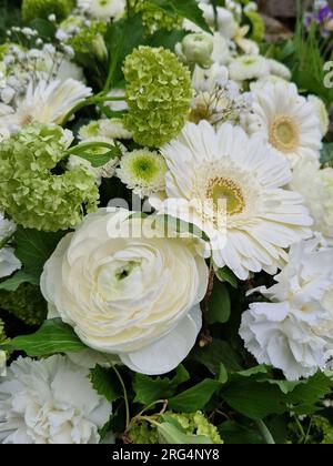 Hochzeitsstrauß. Nahaufnahme eines Hochzeitsstraußes mit verschiedenen Rosen und Gerber Stockfoto