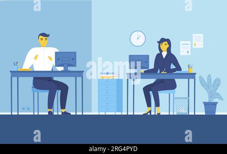 Gelegentliche Teamarbeit. Menschen mit gelber Haut, die an verschiedenen Orten mit Computern zusammenarbeiten. Outsourcing-Konzept. Darstellung des Rohteilvektors in flacher Form Stock Vektor