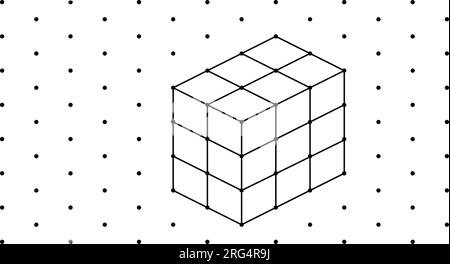 3D isometrische Würfel für jede Form mithilfe der gepunkteten Linien auf einem Punktraster. Die Strichzeichnung befindet sich auf einem mathematischen Blatt mit weißem Hintergrund. Stock Vektor