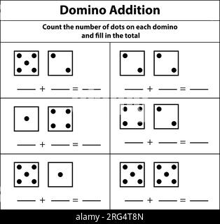 Beim Hinzufügen von Domino wird die Anzahl der Punkte gezählt, die jeder Domino für die Summe ausfüllt. Mathematikübungen. vektorillustrator auf weißem Hintergrund Stock Vektor