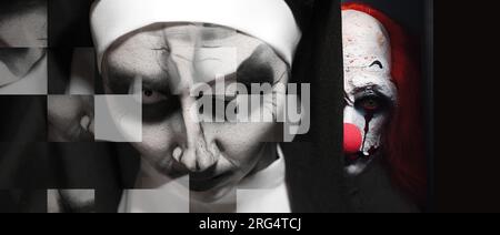 Halluzinationen. Teuflische Nonne und gruseliger Clown auf schwarzem Hintergrund, verzerrtes Bild. Bannerdesign Stockfoto
