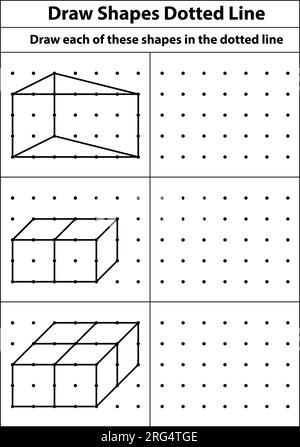 Übungsübung: Zeichnen Sie einen isometrischen Würfel auf jede dieser Formen mithilfe der gepunkteten Linien auf einem Punktraster. Strichzeichnung auf einem mathematischen Schulblatt Stock Vektor