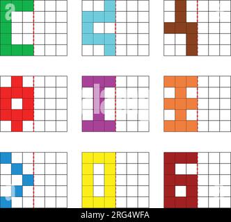 Übungsübung: Reflektierende Symmetrie in jeder dieser Formen auf einem quadratischen Gitter. Zeichnen auf einem mathematischen Schulblatt in der Welt der Geometrie. Stock Vektor