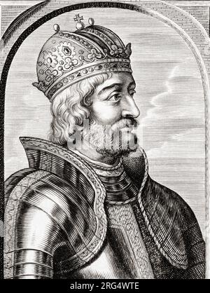 Charlemagne, auch bekannt als Karl der große und Karl I., 747-814. König der Franken, König der Lombarden und Kaiser der Römer. Nach einer Gravur aus dem 17. Jahrhundert von Coenraet Waumans. Stockfoto