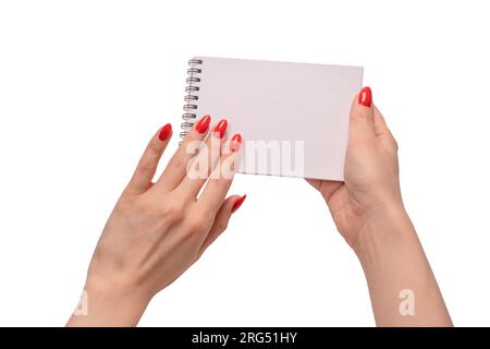 Ein Notizbuch mit leerem weißem Papier in Frauenhänden mit roten Nägeln. Speicherplatz kopieren. Stockfoto