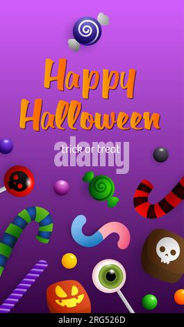 Fröhliche Halloween-Schrift mit Süßigkeiten und Zuckerstangen Stock Vektor