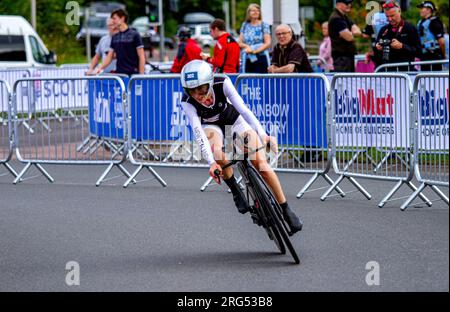 Dundee, Tayside, Schottland, Großbritannien. 7. Aug. 2023. UCI-Radweltmeisterschaft: Die UCI-Radweltmeisterschaft findet in der Stadt der Entdeckungen statt, mit einer Strecke von 22,8km km und einer Kletterstrecke von 89m km. Das Gran Fondo Road Race beginnt auf der West Grange Road im Osten von Dundee. Anschließend radeln die Reiter nordöstlich auf der Arbroath Road, die Teil der A92 ist, in Richtung Arbroath, bevor sie bei Salmon's Muir, zwei Meilen nördlich von Carnoustie, in Richtung Nordosten abbiegen und die A92 wieder hinunter zur Ziellinie von Dundee zurückfahren. Kredit: Dundee Photographics/Alamy Live News Stockfoto