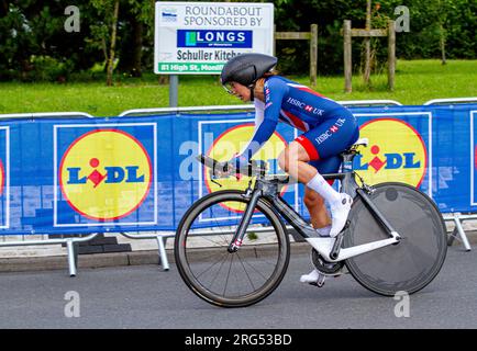 Dundee, Tayside, Schottland, Großbritannien. 7. Aug. 2023. UCI-Radweltmeisterschaft: Die UCI-Radweltmeisterschaft findet in der Stadt der Entdeckungen statt, mit einer Strecke von 22,8km km und einer Kletterstrecke von 89m km. Das Gran Fondo Road Race beginnt auf der West Grange Road im Osten von Dundee. Anschließend radeln die Reiter nordöstlich auf der Arbroath Road, die Teil der A92 ist, in Richtung Arbroath, bevor sie bei Salmon's Muir, zwei Meilen nördlich von Carnoustie, in Richtung Nordosten abbiegen und die A92 wieder hinunter zur Ziellinie von Dundee zurückfahren. Kredit: Dundee Photographics/Alamy Live News Stockfoto