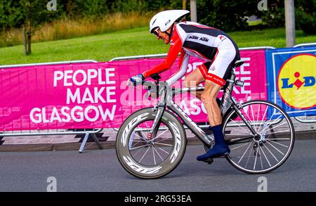 Dundee, Tayside, Schottland, Großbritannien. 7. Aug. 2023. UCI-Radweltmeisterschaft: Die UCI-Radweltmeisterschaft findet in der Stadt der Entdeckungen statt, mit einer Strecke von 22,8km km und einer Kletterstrecke von 89m km. Das Gran Fondo Road Race beginnt auf der West Grange Road im Osten von Dundee. Anschließend radeln die Reiter nordöstlich auf der Arbroath Road, die Teil der A92 ist, in Richtung Arbroath, bevor sie bei Salmon's Muir, zwei Meilen nördlich von Carnoustie, in Richtung Nordosten abbiegen und die A92 wieder hinunter zur Ziellinie von Dundee zurückfahren. Kredit: Dundee Photographics/Alamy Live News Stockfoto