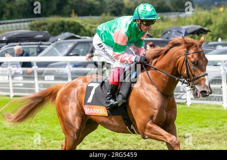 Jockey Frankie Dettori reitet Nazalan am 3. Tag des Qatar Goodwood Festival Meeting 2023 auf der Rennbahn Goodwood, Chichester Stockfoto