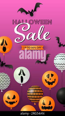 Halloween-Sale-Schriftzug, Kürbisballons und Fledermäuse Stock Vektor