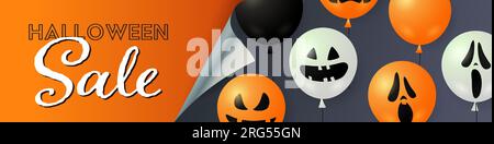 Halloween-Sale-Schriftzug mit Kürbis und Geisterballons Stock Vektor