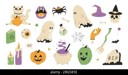 Halloween-Set mit niedlichen und gruseligen Figuren Stock Vektor