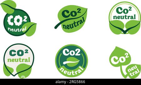 CO2 neutralgrüner Logo-Satz mit Blättern. Umweltfreundliches Seufzen, CO2-Senkung, Pauschalkonzept. Stock Vektor