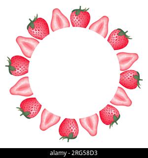 Rahmen und Kranz in kräftigem Erdbeerdesign in Aquarellfarben. Leuchtend rote Beeren süße Erdbeere. botanische Illustration. Für Packungen, Karten, Logo. Sommerspeise Stockfoto