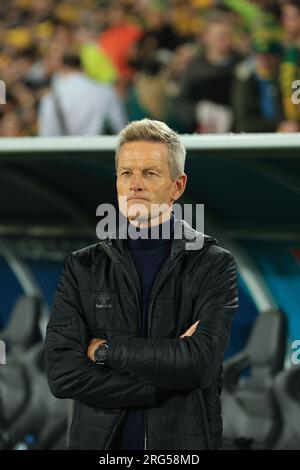 7. August 2023; Stadium Australia, Sydney, NSW, Australien: FIFA Womens World Cup Runde 16 Football, Australien gegen Dänemark; Lars Sondergaard Cheftrainer von Demark Stockfoto