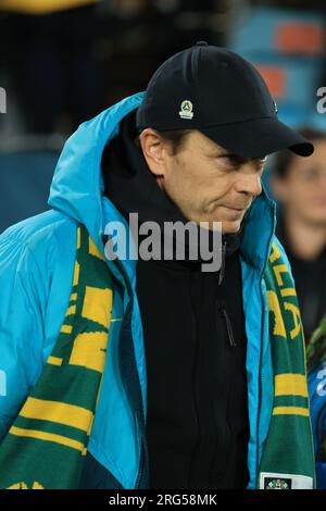 7. August 2023; Stadium Australia, Sydney, NSW, Australien: FIFA Womens World Cup Runde 16 Football, Australien gegen Dänemark; Tony Gustavsson Cheftrainer von Australien Stockfoto