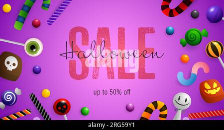 Halloween-Sale-Schriftzug mit Zuckerstangen und Lutscher Stock Vektor