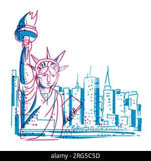 Risograph Technique Illustration der Freiheitsstatue mit der Skyline von New York City im Hintergrund in einem digitalen Leinwand-Printi im Retro-Riso-Effekt Stockfoto