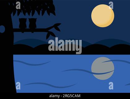 Landschaftsbild einer Silhouette mit Meereslandschaft bei Nacht. Eine Eule, die auf einem Baum umherwirbt. Stock Vektor