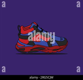 Sneaker-Schuh-Vektor. Flaches Designkonzept, Vektordarstellung. Sneaker in farbenfrohem, flachem Style. Sneaker von der Seite gesehen, stylische Sneaker. Stock Vektor