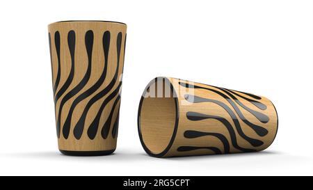 Holzglas mit schwarzem abstraktem Kreismuster. Isoliert auf weißem Hintergrund. 3D-Rendering für Konsumgüter Stockfoto