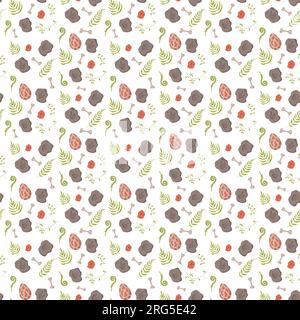 Nahtlose Muster-Fußabdrücke von Dinosauriern. Minimalistischer farbiger Hintergrund mit Pfoten, Steinen, Regenbogen. Nahtloses Muster mit Dinosaurierabdruck, perfekt für Stock Vektor