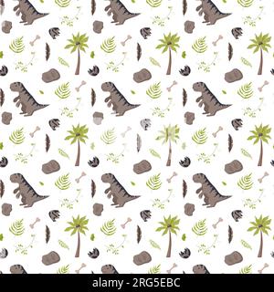 Nahtlose Muster-Fußabdrücke von Dinosauriern. Minimalistischer farbiger Hintergrund mit Pfoten, Steinen, Regenbogen. Nahtloses Muster mit Dinosaurierabdruck, perfekt für Stock Vektor