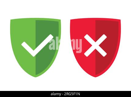 Grüne und rote Abschirmung mit OK-Häkchen und X-Kreuz-Symbol, Vektordarstellung Stock Vektor