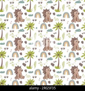 Nahtlose Muster-Fußabdrücke von Dinosauriern. Minimalistischer farbiger Hintergrund mit Pfoten, Steinen, Regenbogen. Nahtloses Muster mit Dinosaurierabdruck, perfekt für Stock Vektor