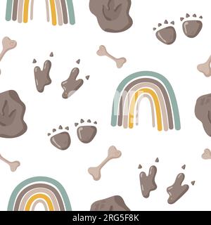 Nahtlose Muster-Fußabdrücke von Dinosauriern. Minimalistischer farbiger Hintergrund mit Pfoten, Steinen, Regenbogen. Nahtloses Muster mit Dinosaurierabdruck, perfekt für Stock Vektor