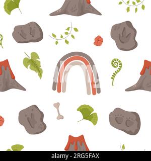 Nahtlose Muster-Fußabdrücke von Dinosauriern. Minimalistischer farbiger Hintergrund mit Pfoten, Steinen, Regenbogen. Nahtloses Muster mit Dinosaurierabdruck, perfekt für Stock Vektor