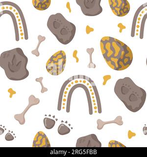 Nahtlose Muster-Fußabdrücke von Dinosauriern. Minimalistischer farbiger Hintergrund mit Pfoten, Steinen, Regenbogen. Nahtloses Muster mit Dinosaurierabdruck, perfekt für Stock Vektor