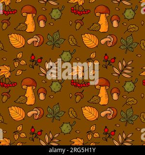 Nahtloses Herbstmuster. Waldpilze, Beeren, Trauben, Eicheln und Kastanien mit Herbstblättern auf braunem Hintergrund. Vektordarstellung in Stock Vektor