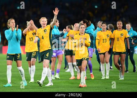 Sydney, Australien. 07. Aug. 2023. Australische Fußballmannschaftsspieler während des FIFA Women's World Cup 2023 zwischen Australien und Dänemark im Stadium Australia. Endergebnis: Australien 2:0 Dänemark. (Foto: Luis Veniegra/SOPA Images/Sipa USA) Guthaben: SIPA USA/Alamy Live News Stockfoto