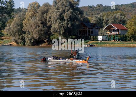 Serbien, 04. August 2023: Die Teilnehmer der TOUR INTERNATIONAL DANUBIEN (TID) Regatta (Quelle der Donau-Schwarzes Meer) passieren eine Etappe Veliko Selo Stockfoto