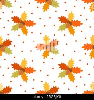 Herbstuntergrund mit Eicheln und Herbstesichenblättern in Orange, Beige, Braun und Gelb Stock Vektor