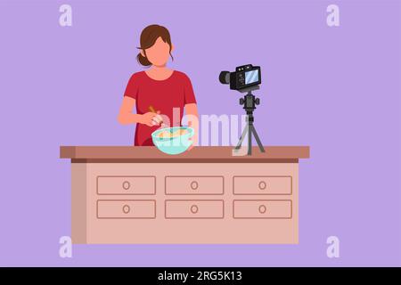 Die Figur zeichnet eine wunderschöne Frau in der Küche, bereitet zu Hause das Dessert zu, rührt Teig mit Spachtel um. Symbol für Live-Streaming beim Kochen. Blogger vorbereiten Stockfoto
